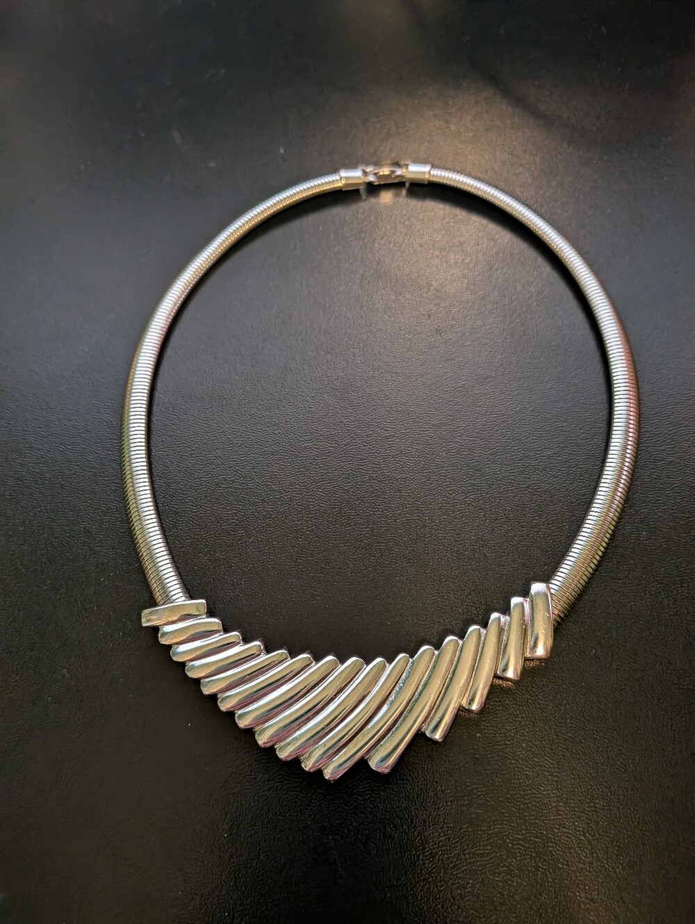 Vintage 1980s Silver Tone Chevron Bib Collar Necklace Monet Style